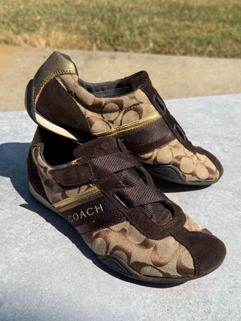Coach Womens 8 Brown Signature Jacquard Gold Y2K Logo Mania Retro Sneakers4167